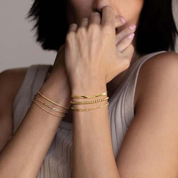 Dainty Stackable Gold Bracelets for Women 14K Plated Cuban Paperclip Chain - Picture 6 of 8